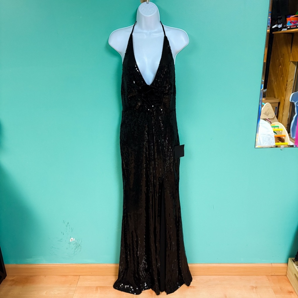 NWT Lulus Black Sequin Pretty Sensational Rosette Halter Maxi Dress Womens M - Picture 2 of 8